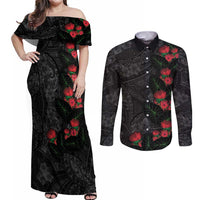 Hawaiian Taro Leaves and Ohia Lehua Couples Matching Off Shoulder Maxi Dress and Long Sleeve Button Shirt Polynesian Tribal Art Tropical Plants Motifs Grayscale