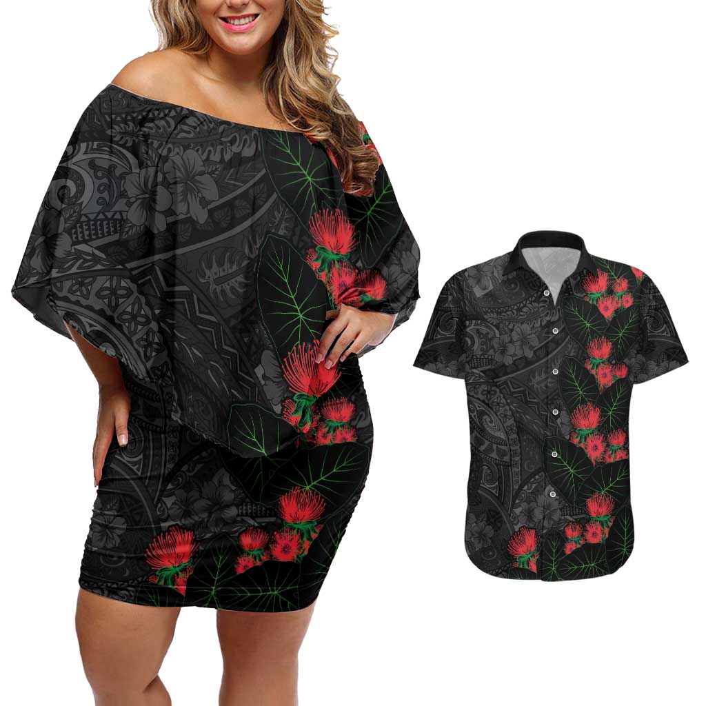 Hawaiian Taro Leaves and Ohia Lehua Couples Matching Off Shoulder Short Dress and Hawaiian Shirt Polynesian Tribal Art Tropical Plants Motifs Grayscale