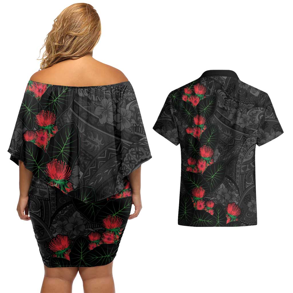 Hawaiian Taro Leaves and Ohia Lehua Couples Matching Off Shoulder Short Dress and Hawaiian Shirt Polynesian Tribal Art Tropical Plants Motifs Grayscale