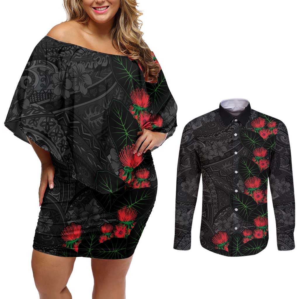 Hawaiian Taro Leaves and Ohia Lehua Couples Matching Off Shoulder Short Dress and Long Sleeve Button Shirt Polynesian Tribal Art Tropical Plants Motifs Grayscale