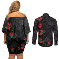 Hawaiian Taro Leaves and Ohia Lehua Couples Matching Off Shoulder Short Dress and Long Sleeve Button Shirt Polynesian Tribal Art Tropical Plants Motifs Grayscale