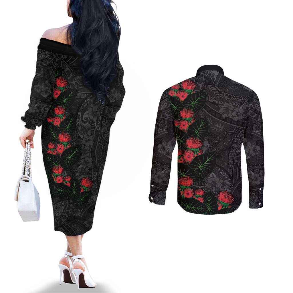 Hawaiian Taro Leaves and Ohia Lehua Couples Matching Off The Shoulder Long Sleeve Dress and Long Sleeve Button Shirt Polynesian Tribal Art Tropical Plants Motifs Grayscale