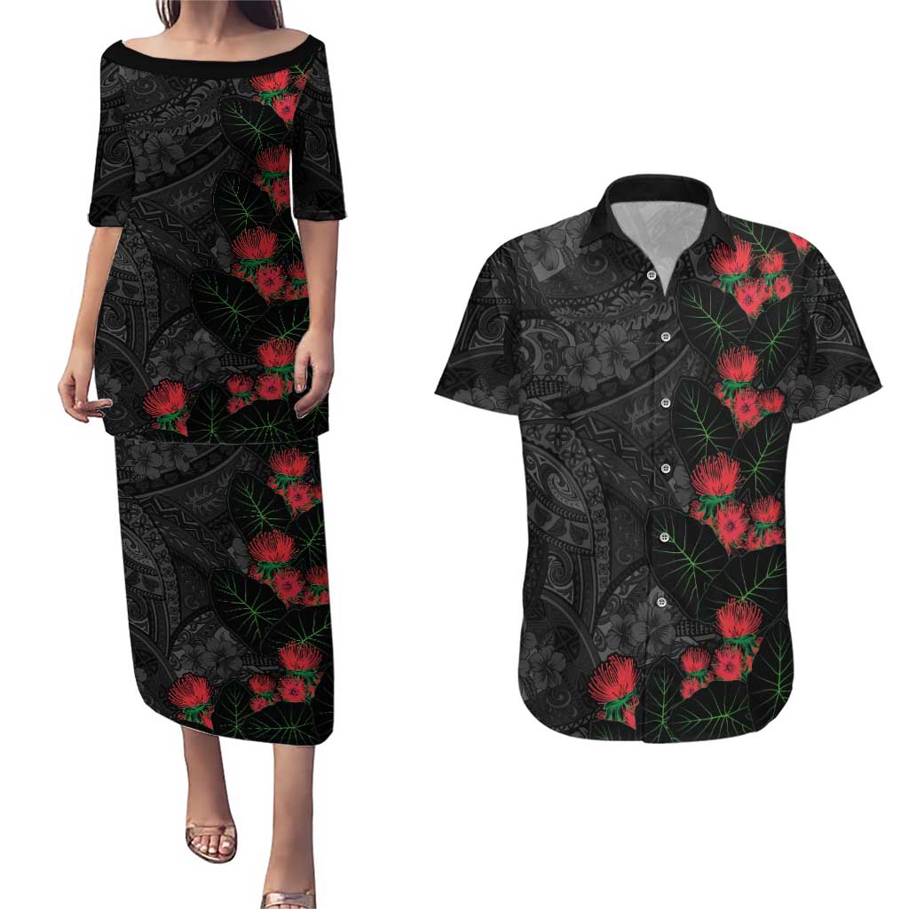 Hawaiian Taro Leaves and Ohia Lehua Couples Matching Puletasi and Hawaiian Shirt Polynesian Tribal Art Tropical Plants Motifs Grayscale