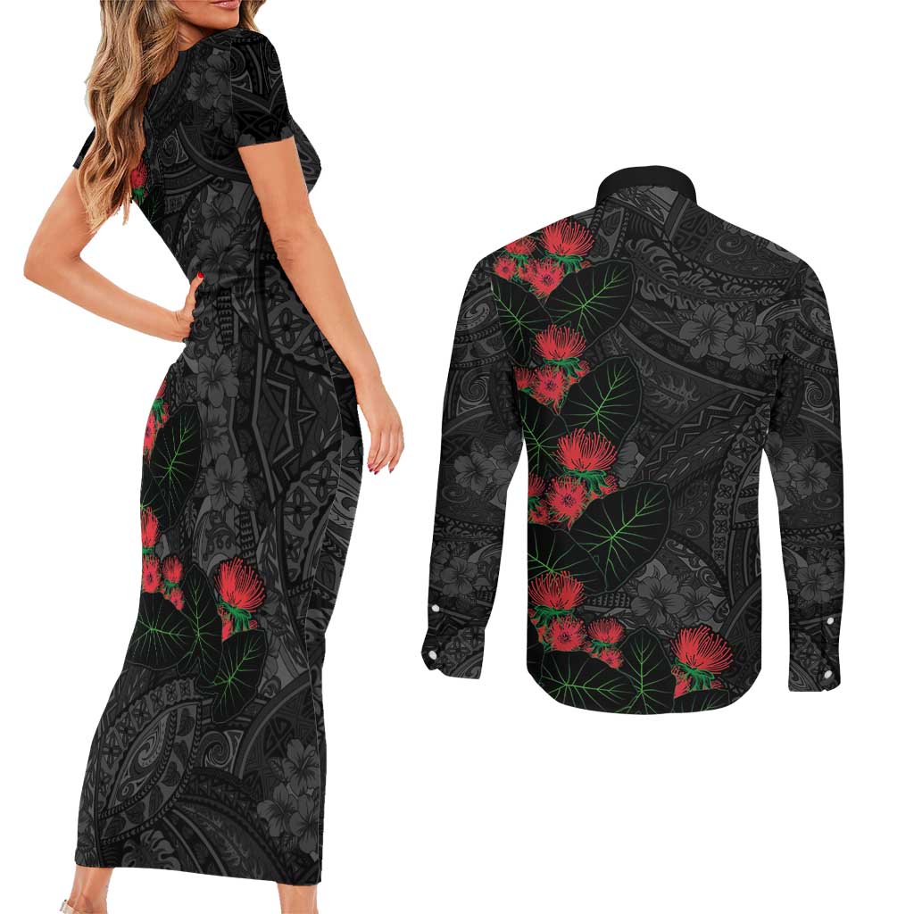 Hawaiian Taro Leaves and Ohia Lehua Couples Matching Short Sleeve Bodycon Dress and Long Sleeve Button Shirt Polynesian Tribal Art Tropical Plants Motifs Grayscale