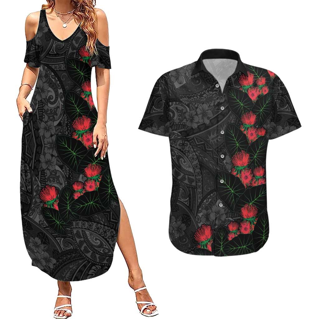 Hawaiian Taro Leaves and Ohia Lehua Couples Matching Summer Maxi Dress and Hawaiian Shirt Polynesian Tribal Art Tropical Plants Motifs Grayscale