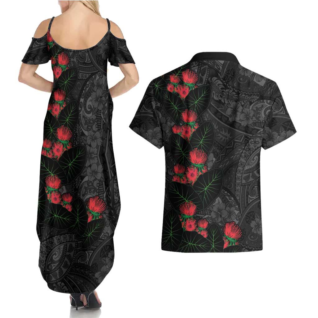 Hawaiian Taro Leaves and Ohia Lehua Couples Matching Summer Maxi Dress and Hawaiian Shirt Polynesian Tribal Art Tropical Plants Motifs Grayscale
