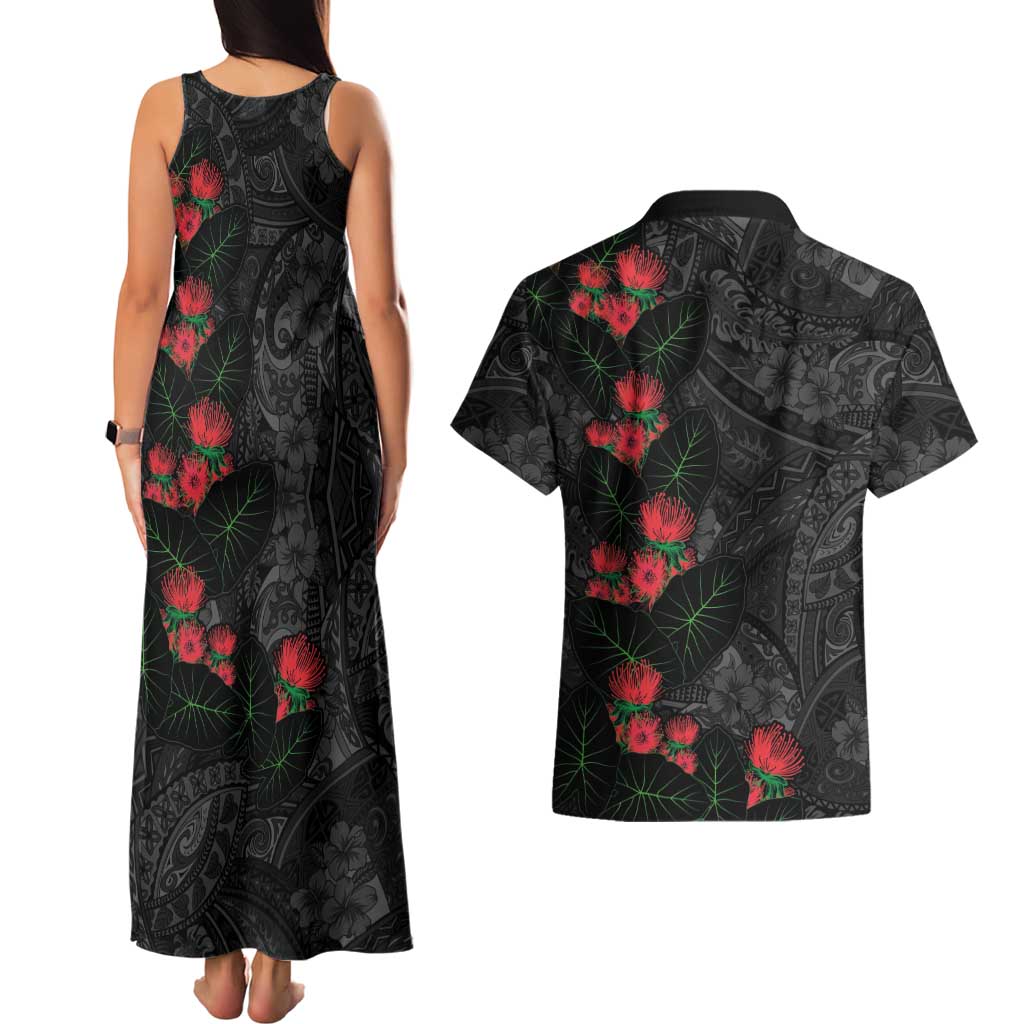 Hawaiian Taro Leaves and Ohia Lehua Couples Matching Tank Maxi Dress and Hawaiian Shirt Polynesian Tribal Art Tropical Plants Motifs Grayscale