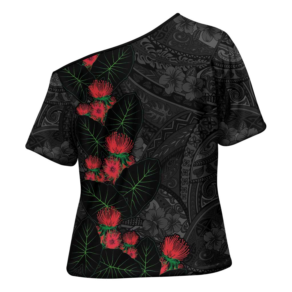 Hawaiian Taro Leaves and Ohia Lehua Cross Shoulder Shirt Polynesian Tribal Art Tropical Plants Motifs Grayscale
