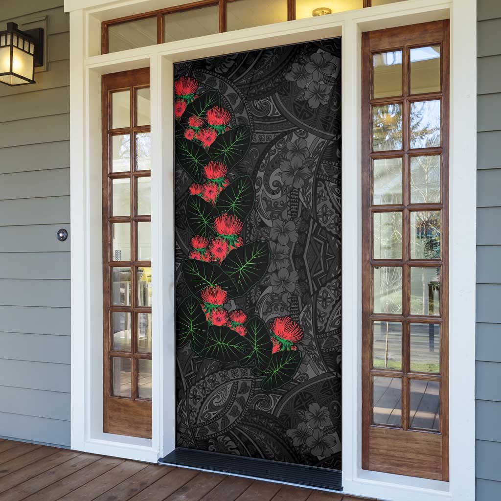 Hawaiian Taro Leaves and Ohia Lehua Door Cover Polynesian Tribal Art Tropical Plants Motifs Grayscale