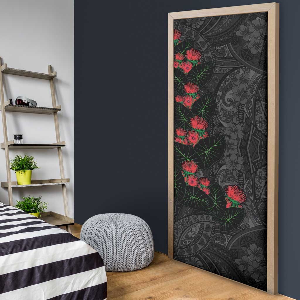 Hawaiian Taro Leaves and Ohia Lehua Door Cover Polynesian Tribal Art Tropical Plants Motifs Grayscale