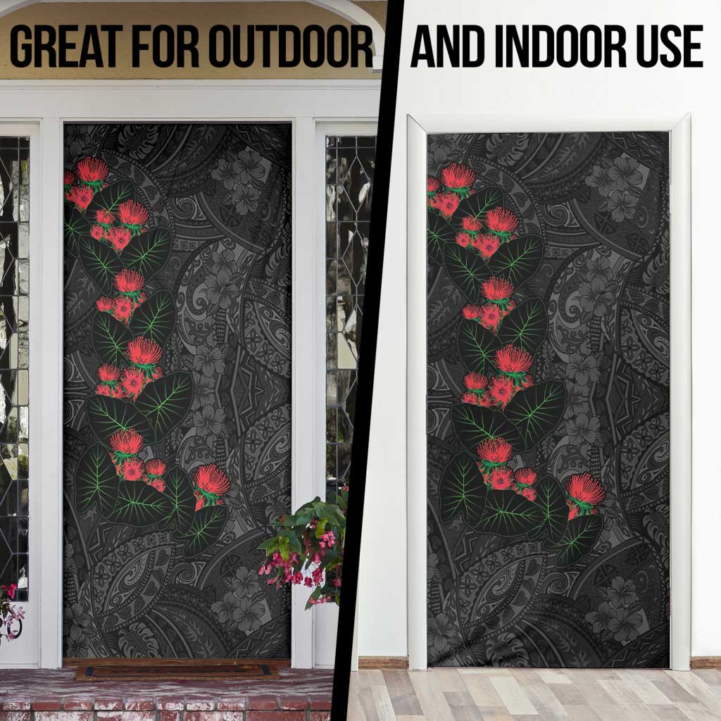 Hawaiian Taro Leaves and Ohia Lehua Door Cover Polynesian Tribal Art Tropical Plants Motifs Grayscale
