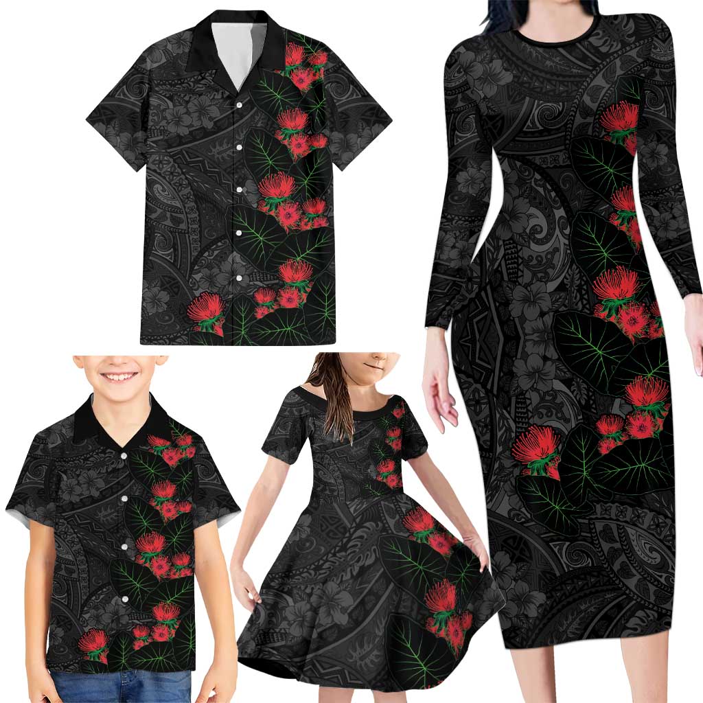 Hawaiian Taro Leaves and Ohia Lehua Family Matching Long Sleeve Bodycon Dress and Hawaiian Shirt Polynesian Tribal Art Tropical Plants Motifs Grayscale LT03 - Polynesian Pride