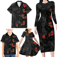 Hawaiian Taro Leaves and Ohia Lehua Family Matching Long Sleeve Bodycon Dress and Hawaiian Shirt Polynesian Tribal Art Tropical Plants Motifs Grayscale LT03 - Polynesian Pride
