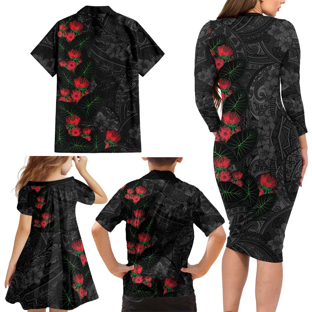 Hawaiian Taro Leaves and Ohia Lehua Family Matching Long Sleeve Bodycon Dress and Hawaiian Shirt Polynesian Tribal Art Tropical Plants Motifs Grayscale LT03 - Polynesian Pride