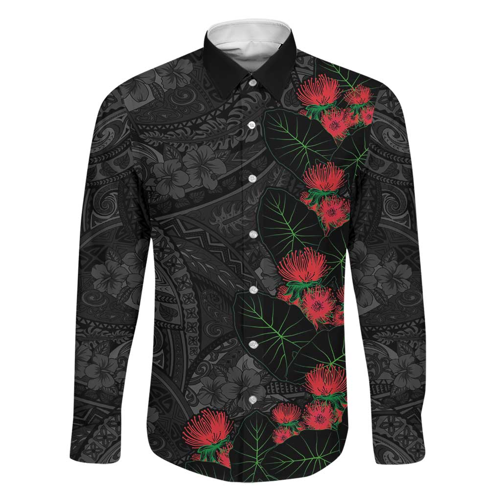 Hawaiian Taro Leaves and Ohia Lehua Family Matching Long Sleeve Bodycon Dress and Hawaiian Shirt Polynesian Tribal Art Tropical Plants Motifs Grayscale LT03 Dad's Shirt - Long Sleeve Multicolor - Polynesian Pride