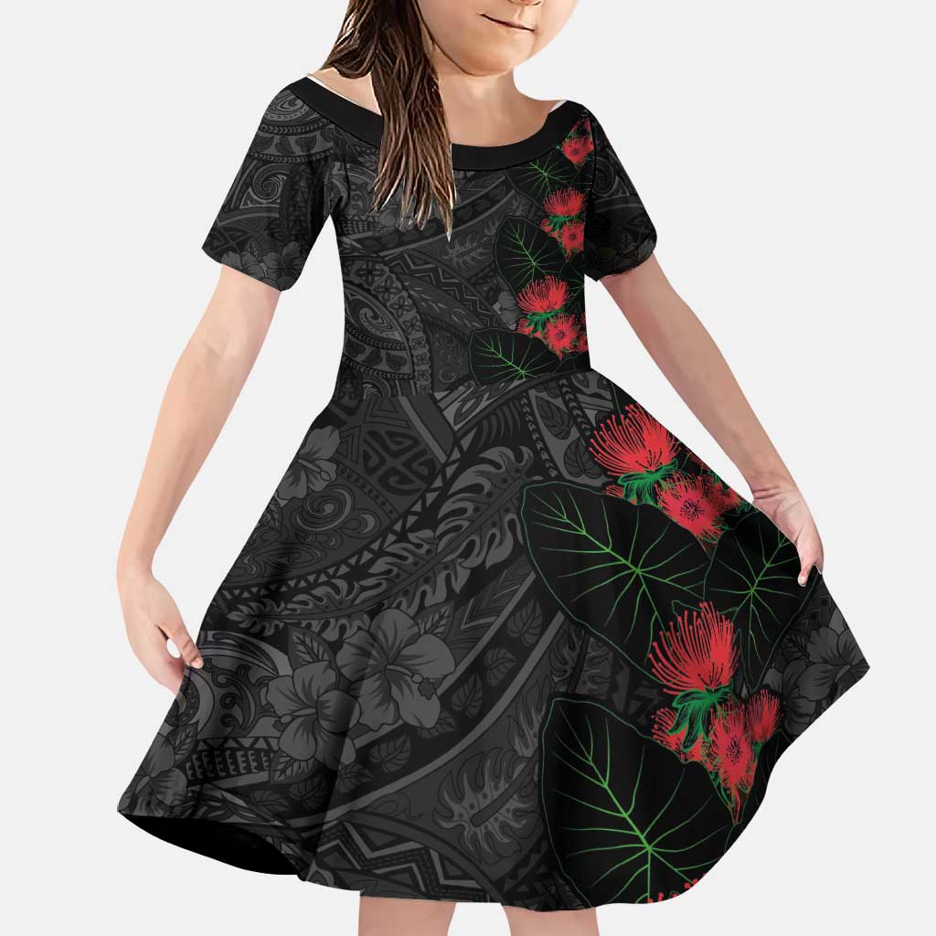 Hawaiian Taro Leaves and Ohia Lehua Family Matching Mermaid Dress and Hawaiian Shirt Polynesian Tribal Art Tropical Plants Motifs Grayscale LT03 Daughter's Dress Multicolor - Polynesian Pride