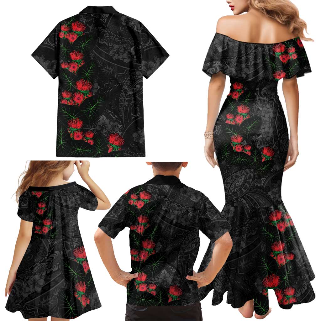 Hawaiian Taro Leaves and Ohia Lehua Family Matching Mermaid Dress and Hawaiian Shirt Polynesian Tribal Art Tropical Plants Motifs Grayscale LT03 - Polynesian Pride
