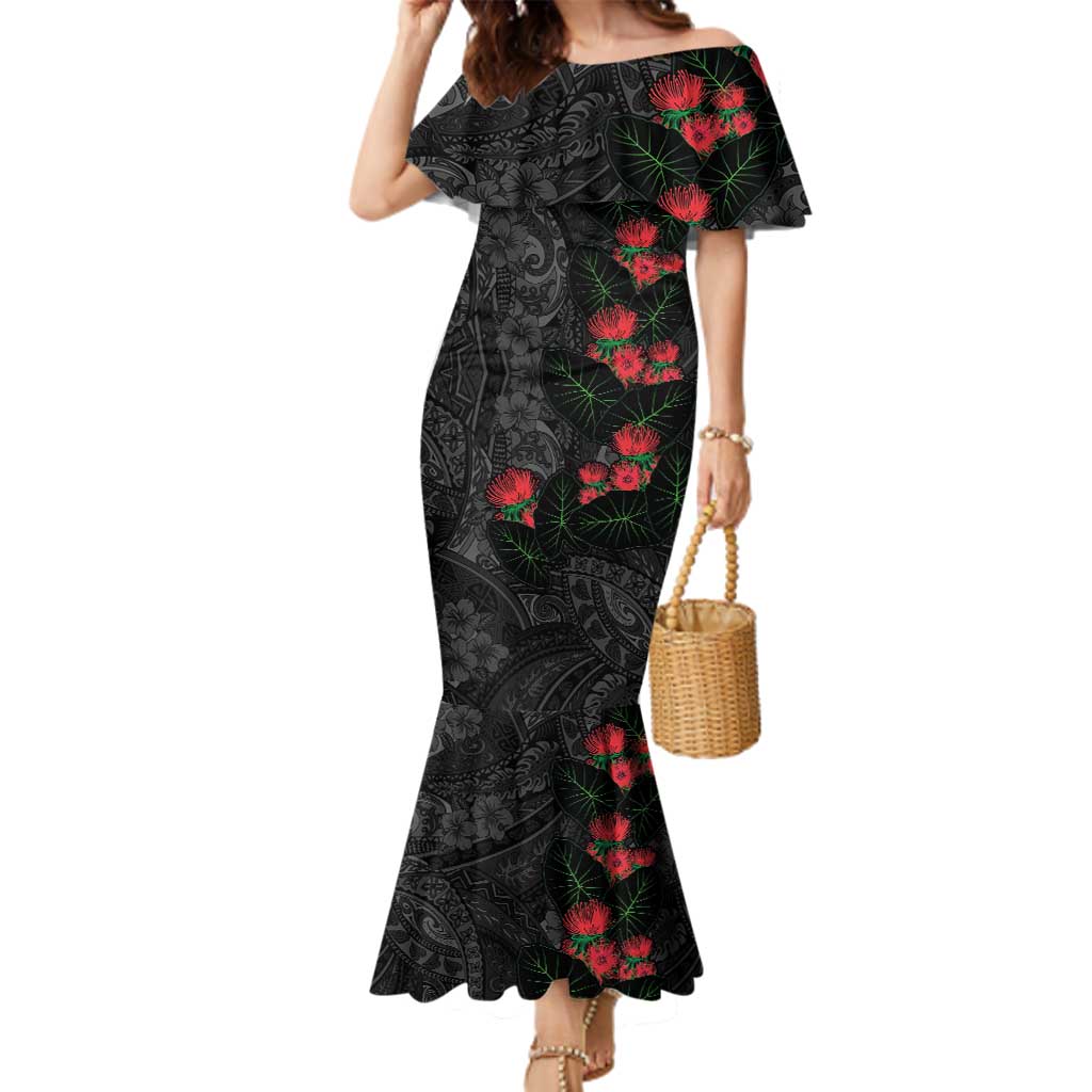 Hawaiian Taro Leaves and Ohia Lehua Family Matching Mermaid Dress and Hawaiian Shirt Polynesian Tribal Art Tropical Plants Motifs Grayscale LT03 Mom's Dress Multicolor - Polynesian Pride