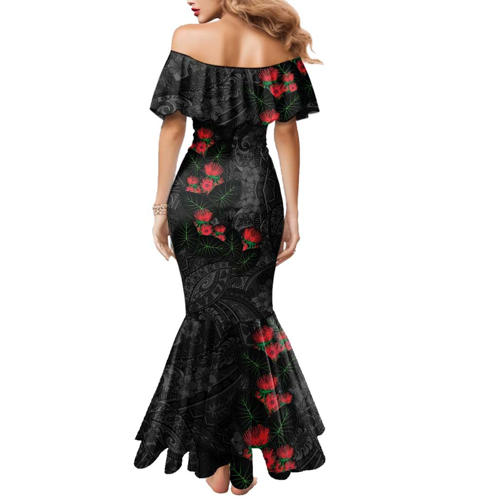 Hawaiian Taro Leaves and Ohia Lehua Family Matching Mermaid Dress and Hawaiian Shirt Polynesian Tribal Art Tropical Plants Motifs Grayscale LT03 - Polynesian Pride