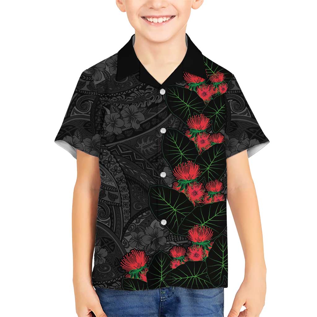 Hawaiian Taro Leaves and Ohia Lehua Family Matching Mermaid Dress and Hawaiian Shirt Polynesian Tribal Art Tropical Plants Motifs Grayscale LT03 Son's Shirt Multicolor - Polynesian Pride