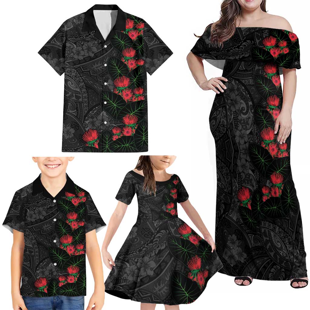 Hawaiian Taro Leaves and Ohia Lehua Family Matching Off Shoulder Maxi Dress and Hawaiian Shirt Polynesian Tribal Art Tropical Plants Motifs Grayscale