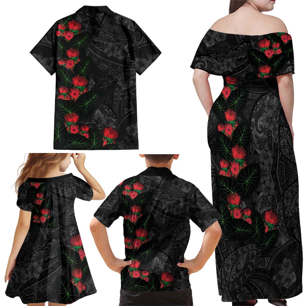 Hawaiian Taro Leaves and Ohia Lehua Family Matching Off Shoulder Maxi Dress and Hawaiian Shirt Polynesian Tribal Art Tropical Plants Motifs Grayscale