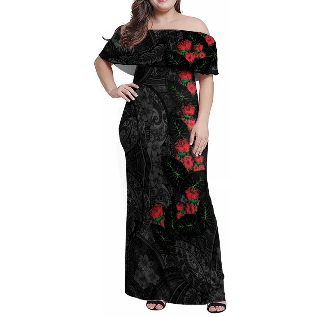 Hawaiian Taro Leaves and Ohia Lehua Family Matching Off Shoulder Maxi Dress and Hawaiian Shirt Polynesian Tribal Art Tropical Plants Motifs Grayscale
