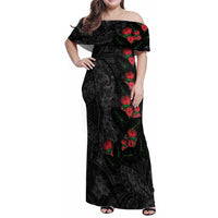 Hawaiian Taro Leaves and Ohia Lehua Family Matching Off Shoulder Maxi Dress and Hawaiian Shirt Polynesian Tribal Art Tropical Plants Motifs Grayscale
