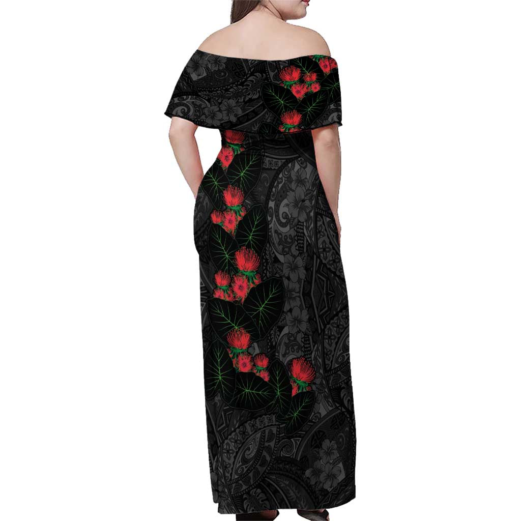 Hawaiian Taro Leaves and Ohia Lehua Family Matching Off Shoulder Maxi Dress and Hawaiian Shirt Polynesian Tribal Art Tropical Plants Motifs Grayscale
