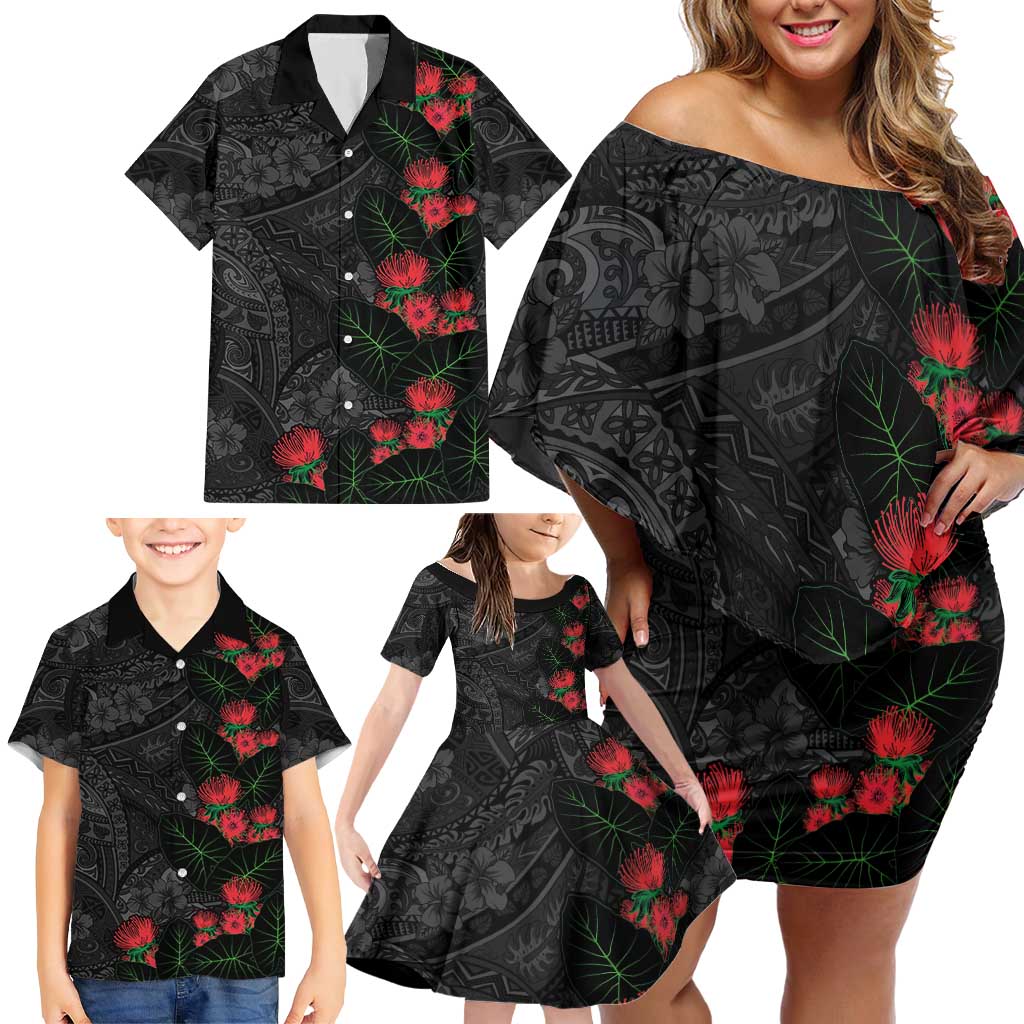 Hawaiian Taro Leaves and Ohia Lehua Family Matching Off Shoulder Short Dress and Hawaiian Shirt Polynesian Tribal Art Tropical Plants Motifs Grayscale