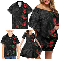 Hawaiian Taro Leaves and Ohia Lehua Family Matching Off Shoulder Short Dress and Hawaiian Shirt Polynesian Tribal Art Tropical Plants Motifs Grayscale