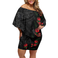 Hawaiian Taro Leaves and Ohia Lehua Family Matching Off Shoulder Short Dress and Hawaiian Shirt Polynesian Tribal Art Tropical Plants Motifs Grayscale