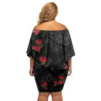 Hawaiian Taro Leaves and Ohia Lehua Family Matching Off Shoulder Short Dress and Hawaiian Shirt Polynesian Tribal Art Tropical Plants Motifs Grayscale