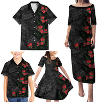 Hawaiian Taro Leaves and Ohia Lehua Family Matching Puletasi and Hawaiian Shirt Polynesian Tribal Art Tropical Plants Motifs Grayscale