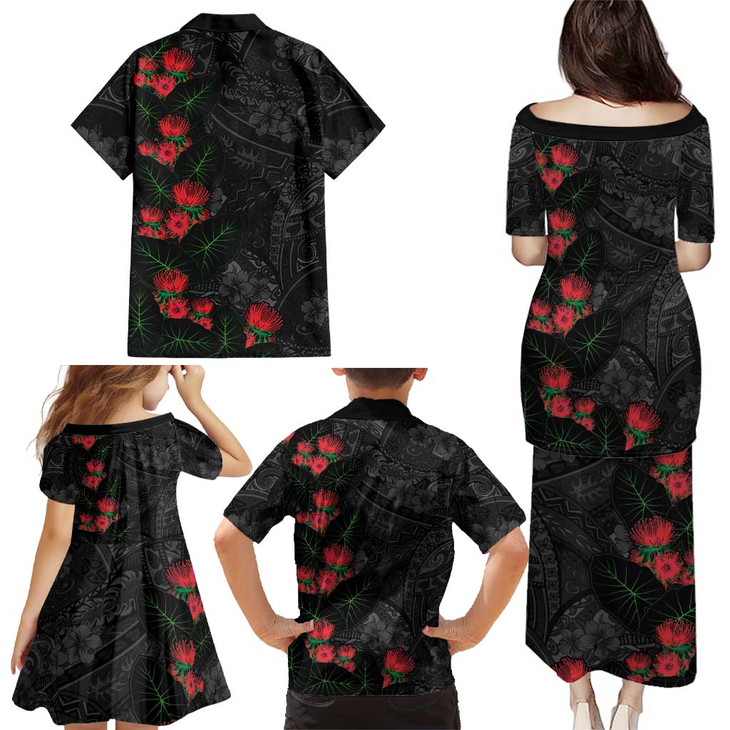 Hawaiian Taro Leaves and Ohia Lehua Family Matching Puletasi and Hawaiian Shirt Polynesian Tribal Art Tropical Plants Motifs Grayscale