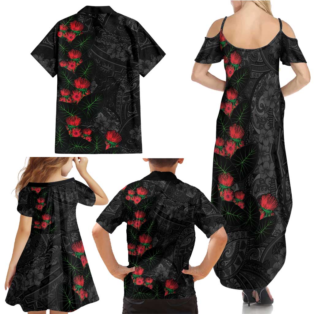 Hawaiian Taro Leaves and Ohia Lehua Family Matching Summer Maxi Dress and Hawaiian Shirt Polynesian Tribal Art Tropical Plants Motifs Grayscale