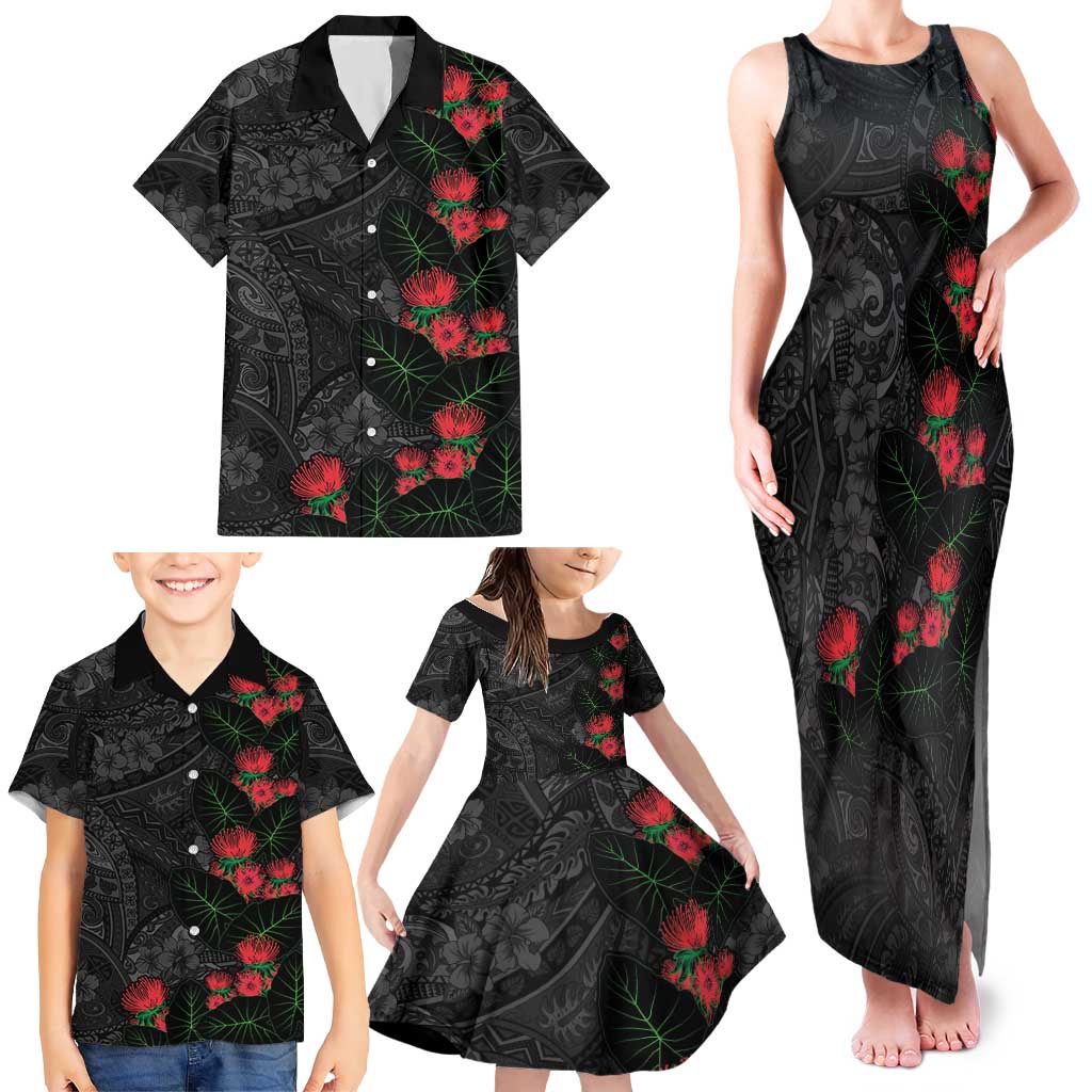 Hawaiian Taro Leaves and Ohia Lehua Family Matching Tank Maxi Dress and Hawaiian Shirt Polynesian Tribal Art Tropical Plants Motifs Grayscale LT03 - Polynesian Pride