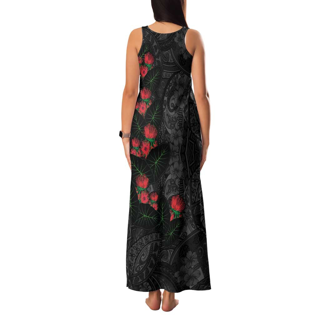 Hawaiian Taro Leaves and Ohia Lehua Family Matching Tank Maxi Dress and Hawaiian Shirt Polynesian Tribal Art Tropical Plants Motifs Grayscale LT03 - Polynesian Pride