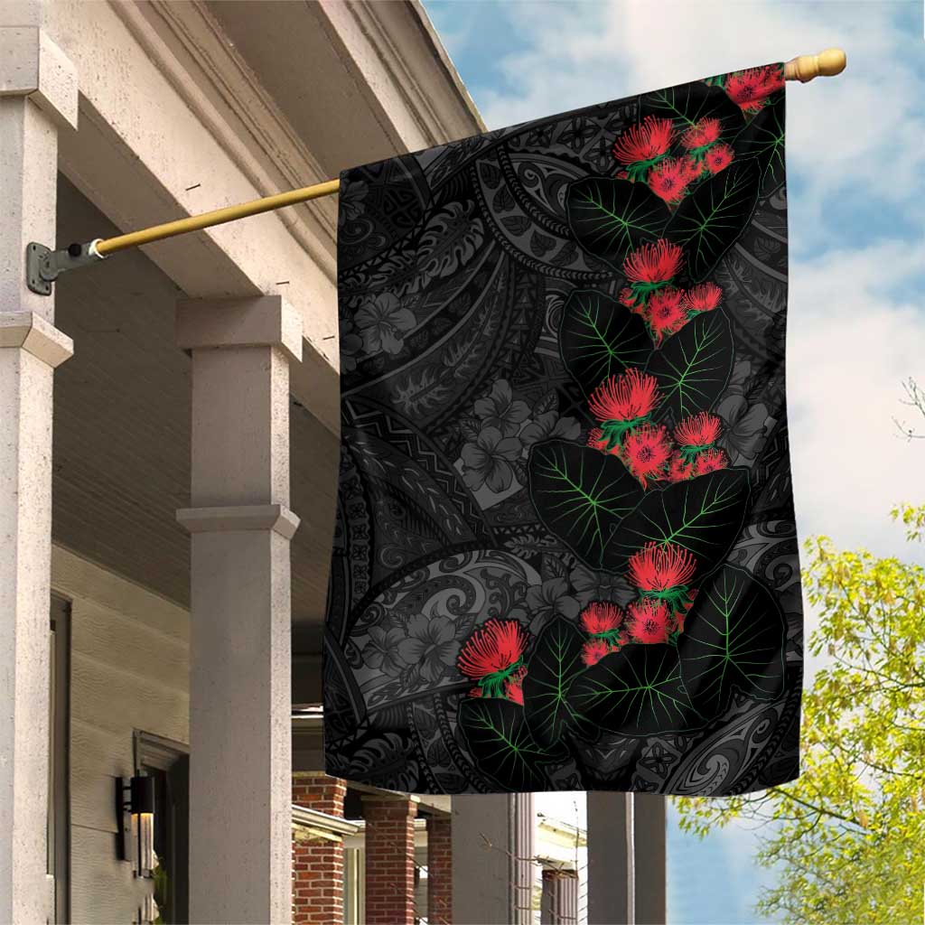 Hawaiian Taro Leaves and Ohia Lehua Garden Flag Polynesian Tribal Art Tropical Plants Motifs Grayscale