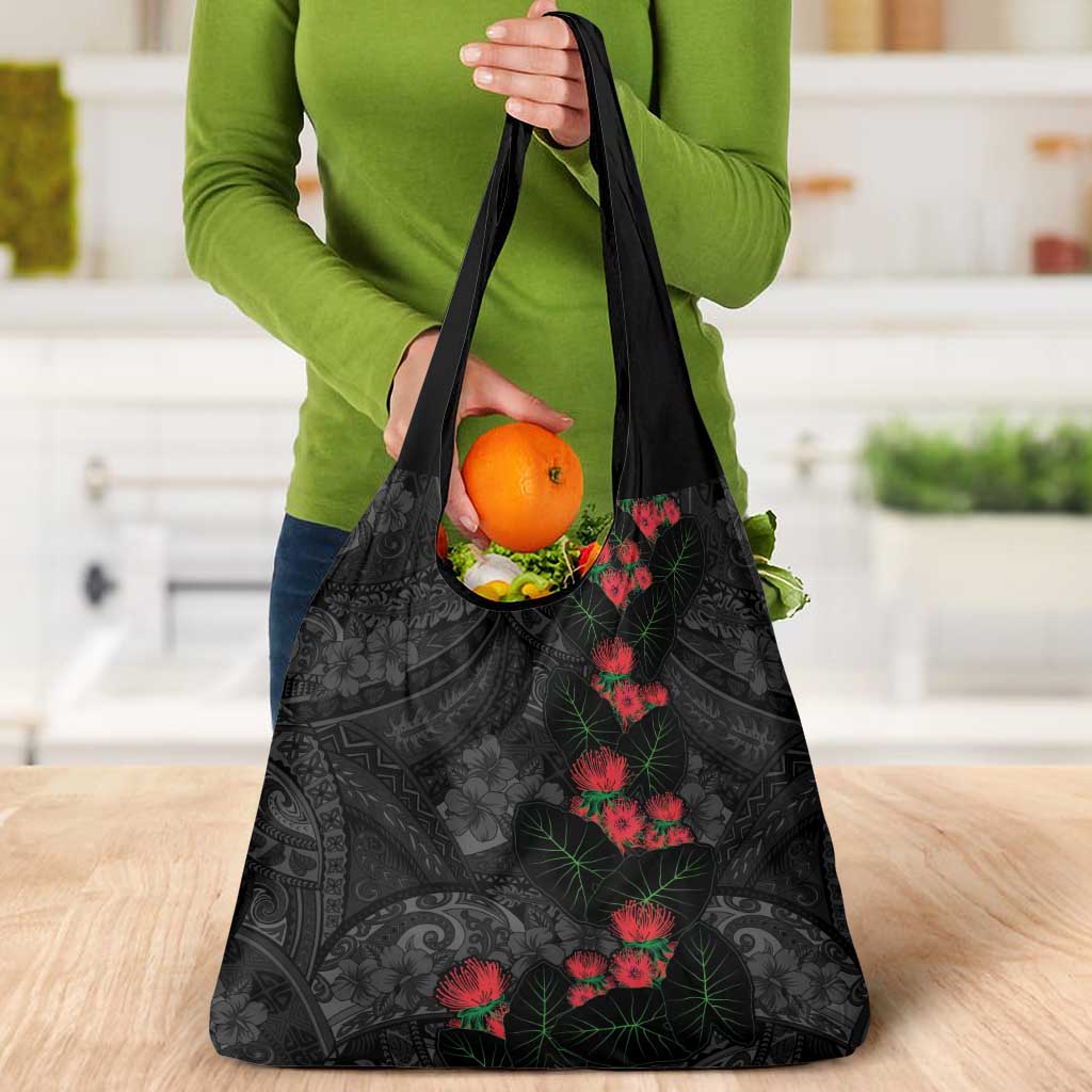 Hawaiian Taro Leaves and Ohia Lehua Grocery Bag Polynesian Tribal Art Tropical Plants Motifs Grayscale