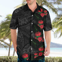 Hawaiian Taro Leaves and Ohia Lehua Hawaiian Shirt Polynesian Tribal Art Tropical Plants Motifs Grayscale