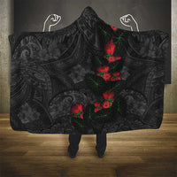 Hawaiian Taro Leaves and Ohia Lehua Hooded Blanket Polynesian Tribal Art Tropical Plants Motifs Grayscale