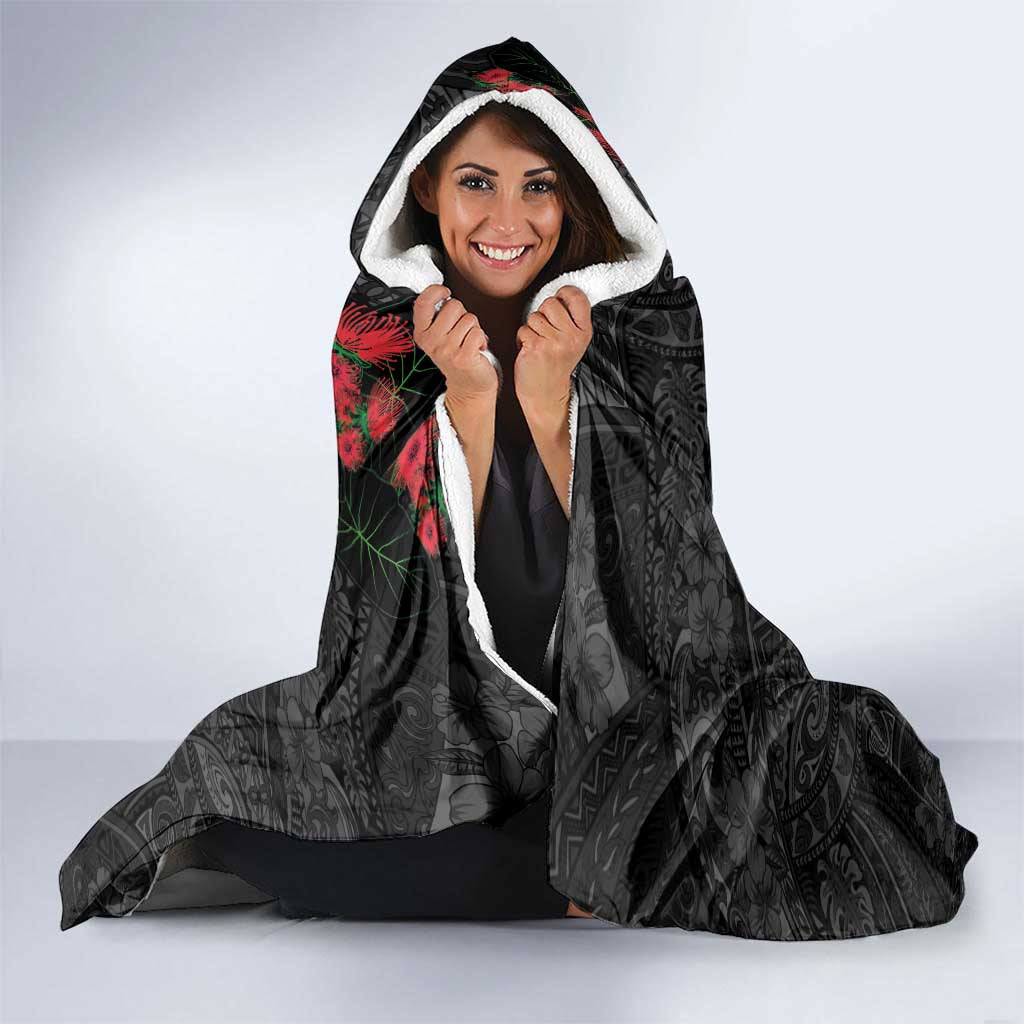 Hawaiian Taro Leaves and Ohia Lehua Hooded Blanket Polynesian Tribal Art Tropical Plants Motifs Grayscale
