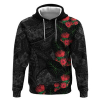 Hawaiian Taro Leaves and Ohia Lehua Hoodie Polynesian Tribal Art Tropical Plants Motifs Grayscale