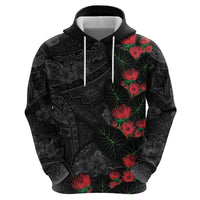 Hawaiian Taro Leaves and Ohia Lehua Hoodie Polynesian Tribal Art Tropical Plants Motifs Grayscale