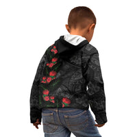 Hawaiian Taro Leaves and Ohia Lehua Kid Hoodie Polynesian Tribal Art Tropical Plants Motifs Grayscale