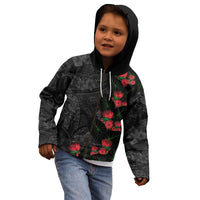Hawaiian Taro Leaves and Ohia Lehua Kid Hoodie Polynesian Tribal Art Tropical Plants Motifs Grayscale