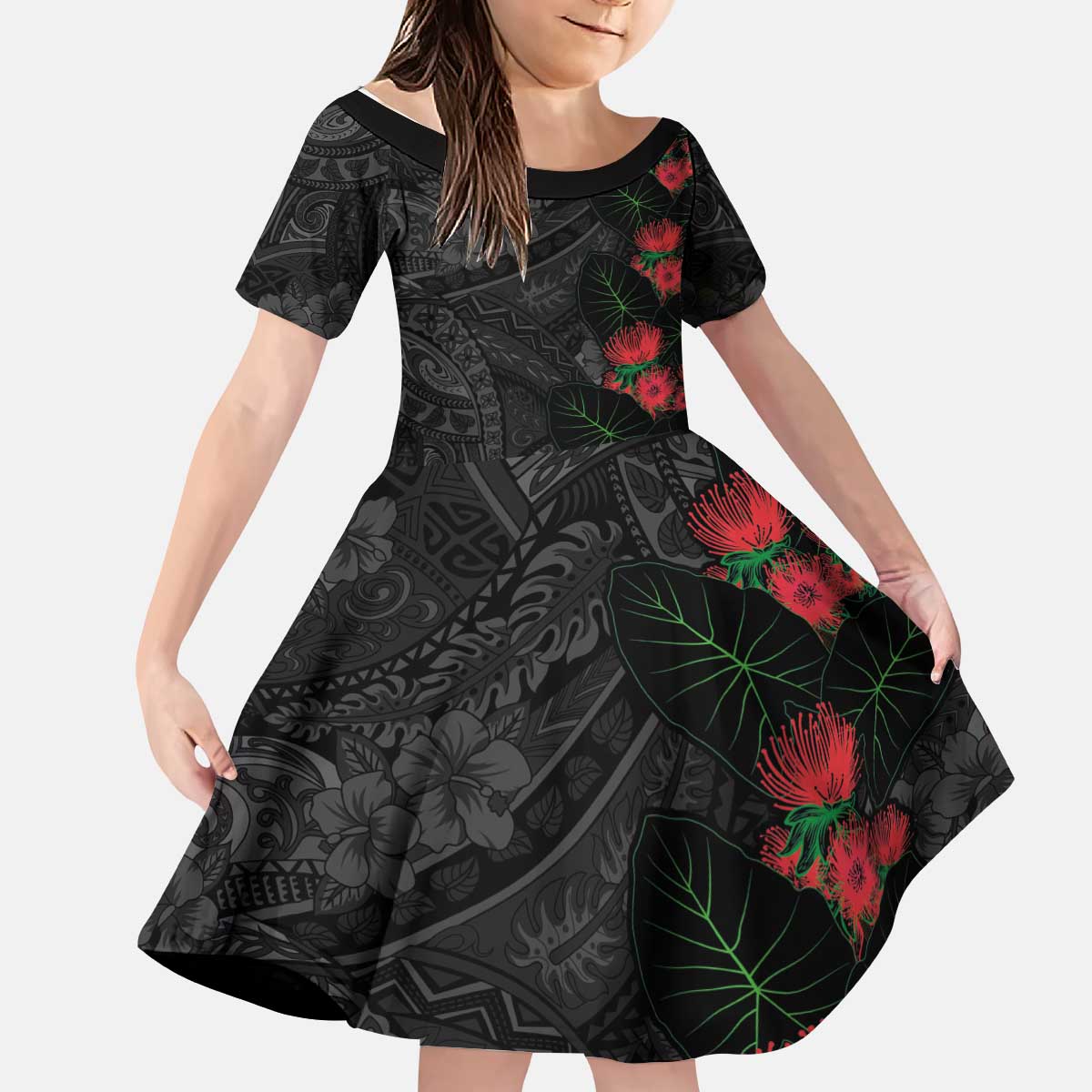 Hawaiian Taro Leaves and Ohia Lehua Kid Short Sleeve Dress Polynesian Tribal Art Tropical Plants Motifs Grayscale