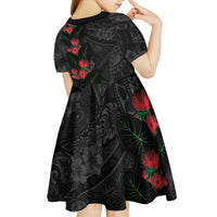 Hawaiian Taro Leaves and Ohia Lehua Kid Short Sleeve Dress Polynesian Tribal Art Tropical Plants Motifs Grayscale