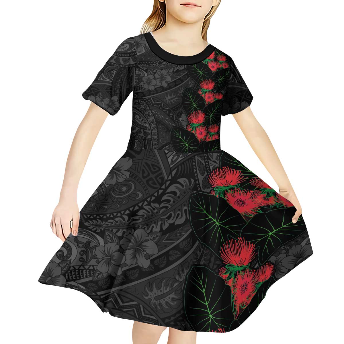 Hawaiian Taro Leaves and Ohia Lehua Kid Short Sleeve Dress Polynesian Tribal Art Tropical Plants Motifs Grayscale